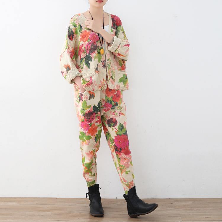 2018 spring new roses prints cute sweater and knit harem pants casual two pieces