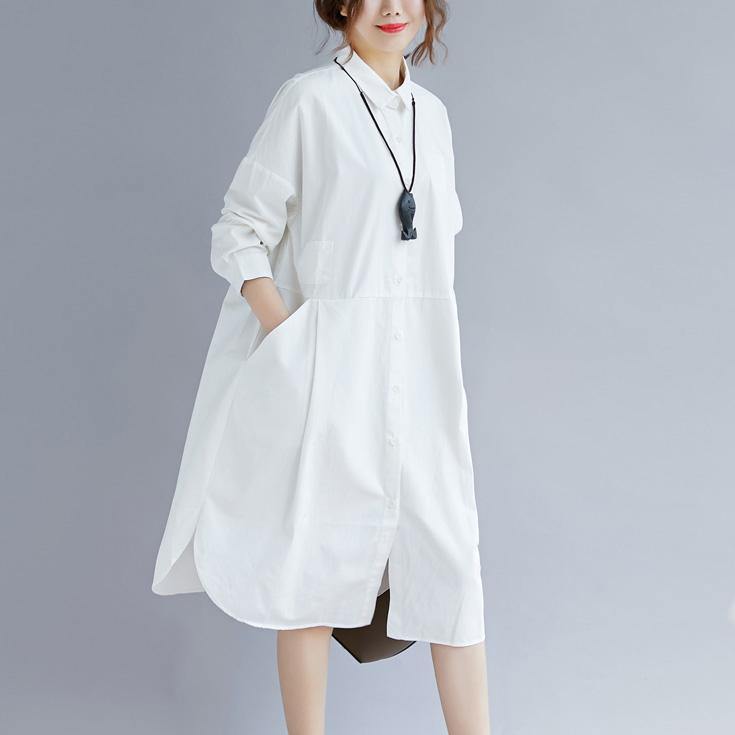 2018 white cotton shirt dress plus size traveling clothing casual long sleeve pockets side open Turn-down Collar cotton shirt dress