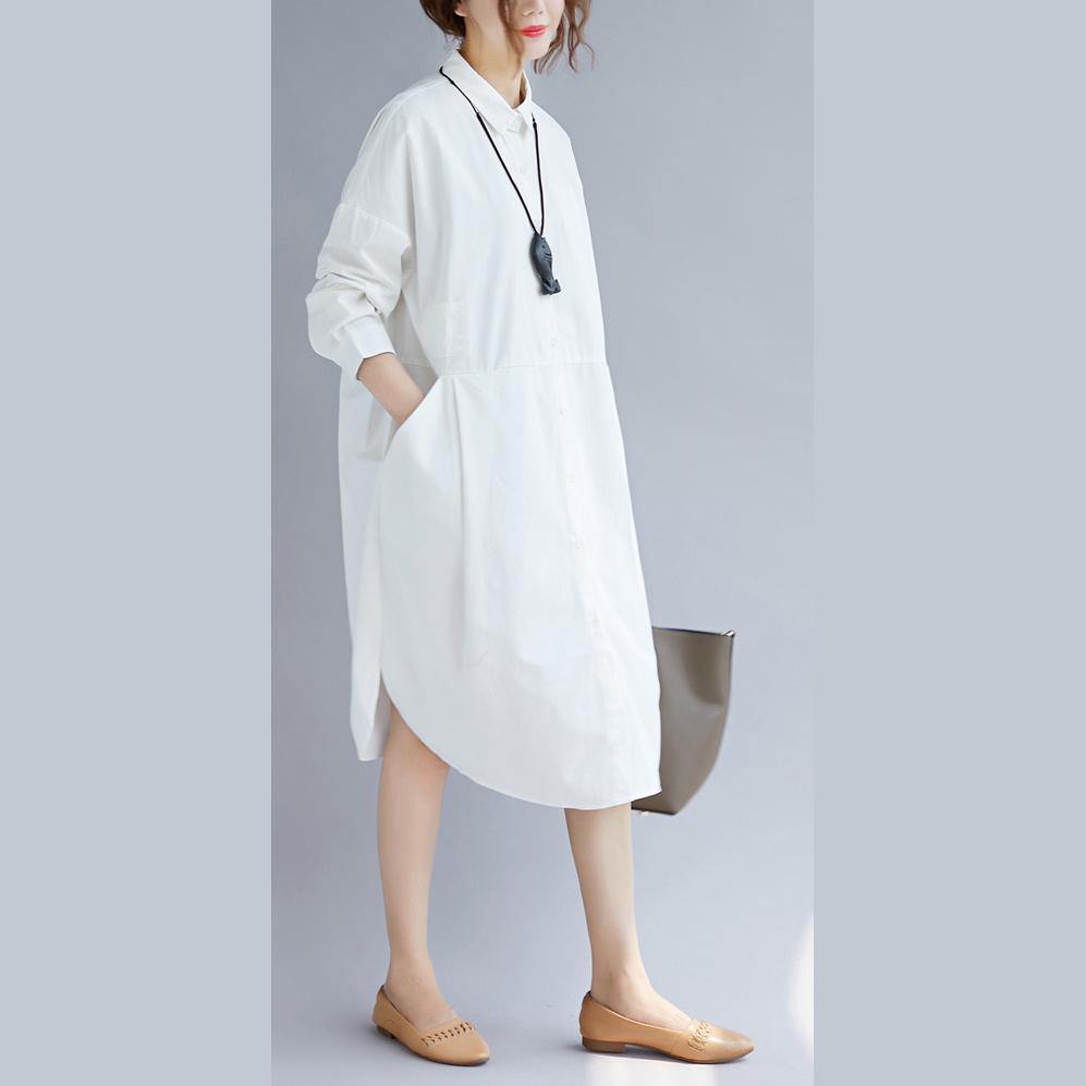 2018 white cotton shirt dress plus size traveling clothing casual long sleeve pockets side open Turn-down Collar cotton shirt dress