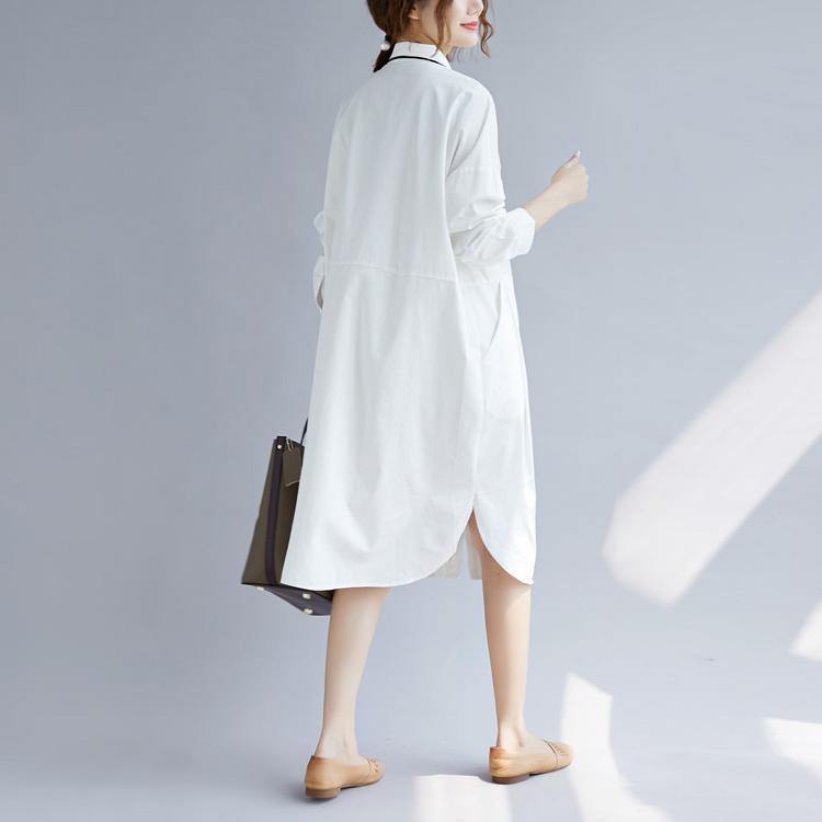 2018 white cotton shirt dress plus size traveling clothing casual long sleeve pockets side open Turn-down Collar cotton shirt dress