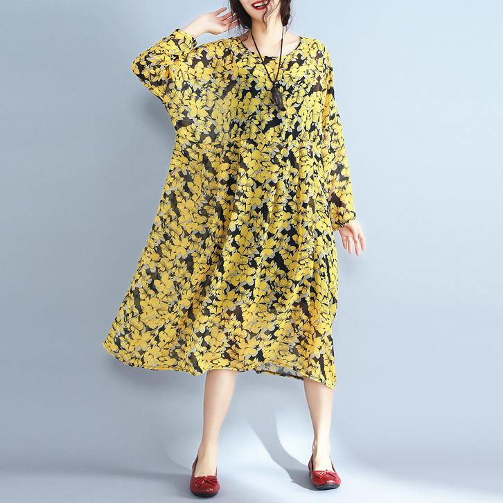 2018 yellow floral natural chiffon dress  Loose fitting o neck traveling dress