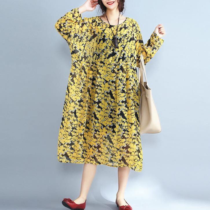 2018 yellow floral natural chiffon dress  Loose fitting o neck traveling dress