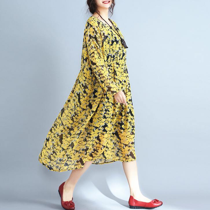 2018 yellow floral natural chiffon dress  Loose fitting o neck traveling dress