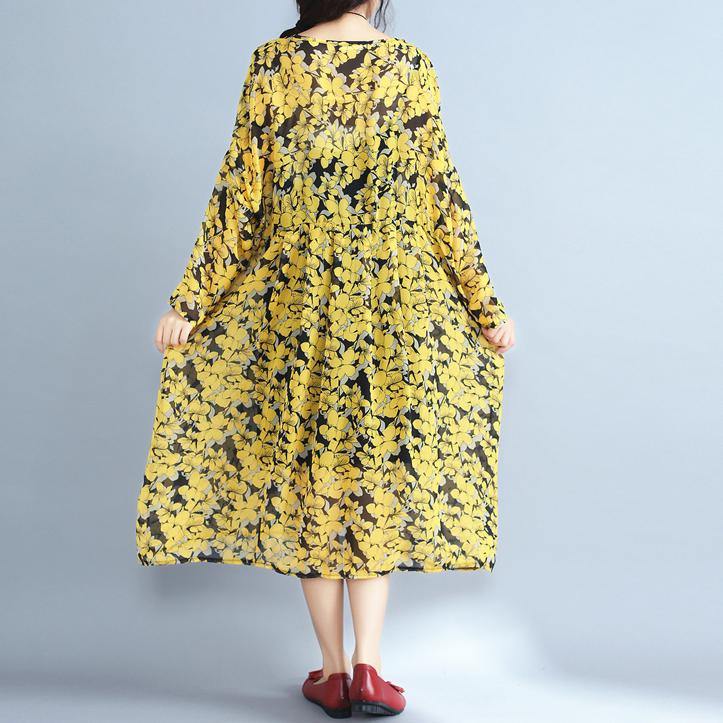 2018 yellow floral natural chiffon dress  Loose fitting o neck traveling dress