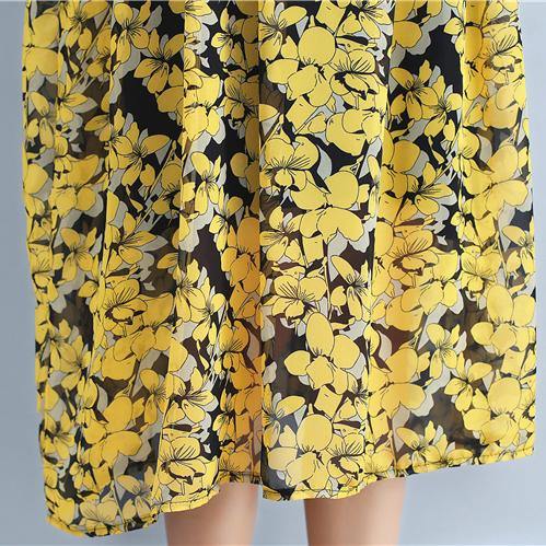 2018 yellow floral natural chiffon dress  Loose fitting o neck traveling dress