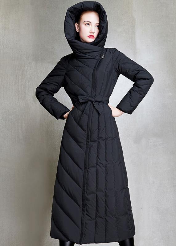 2025 Loose fitting womens parka hooded winter outwear black  tie waist down coat winter