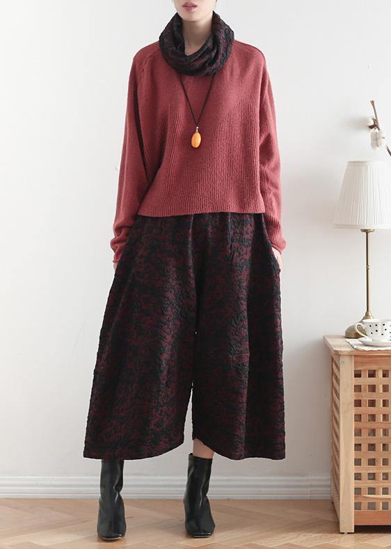 2025 autumn and winter literary wide leg pants large size jacquard retro nine points red pants