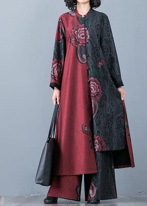 2025 autumn large size retro red print long section cardigan top loose wide leg pants two-piece suit