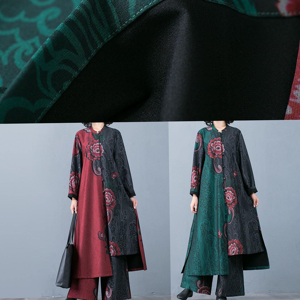 2025 autumn large size retro red print long section cardigan top loose wide leg pants two-piece suit