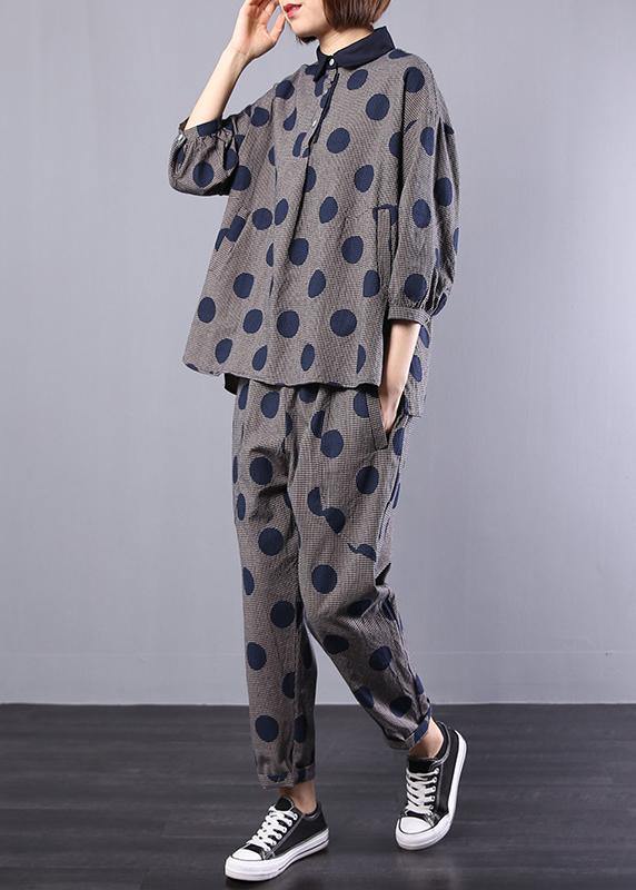 2025 blue dotted cotton lapel collar tops and elastic waist pants two pieces