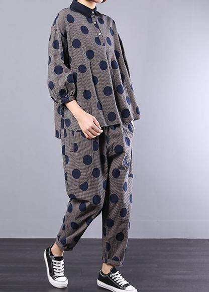 2025 blue dotted cotton lapel collar tops and elastic waist pants two pieces