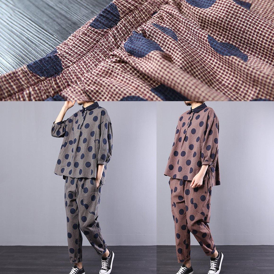 2025 blue dotted cotton lapel collar tops and elastic waist pants two pieces