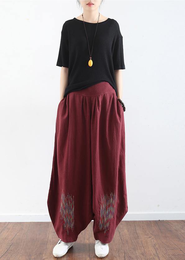 2025 burgundy cotton linen wide leg pant plus size traveling pants