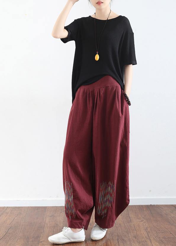 2025 burgundy cotton linen wide leg pant plus size traveling pants