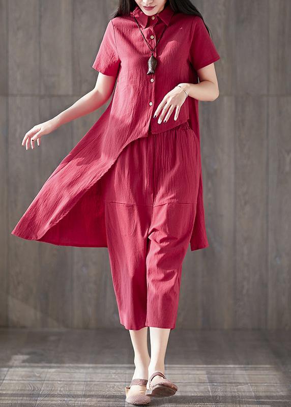 2025 casual two pieces women red asymmetric lapel tops and pockets harem pants