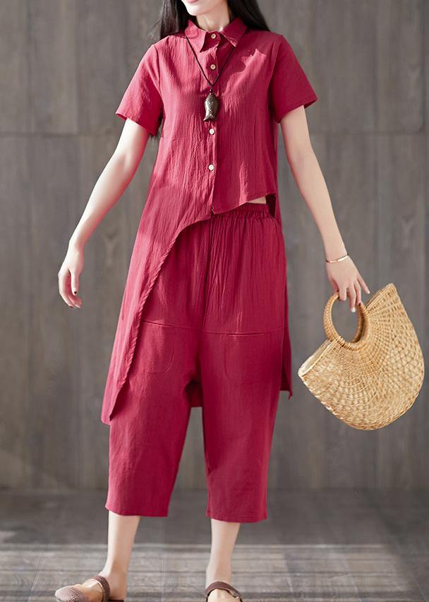 2025 casual two pieces women red asymmetric lapel tops and pockets harem pants