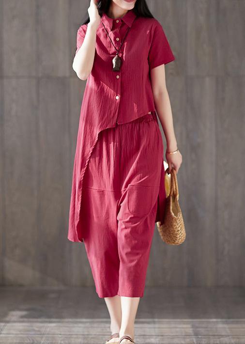 2025 casual two pieces women red asymmetric lapel tops and pockets harem pants