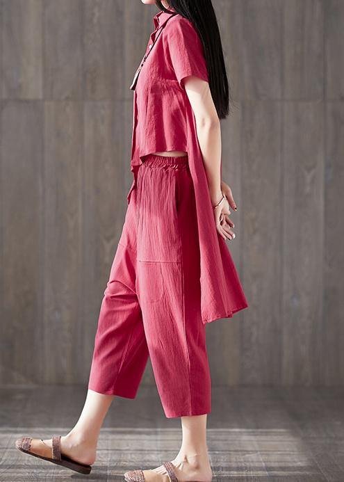 2025 casual two pieces women red asymmetric lapel tops and pockets harem pants