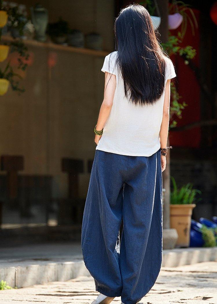 2025 cotton and linen women's Chinese style ramie wild pants yoga Navy blue-dragon pants