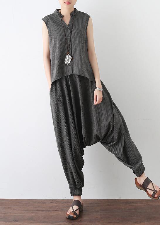 2025 gray casual cotton linen two pieces sleeveless tops and casual pants