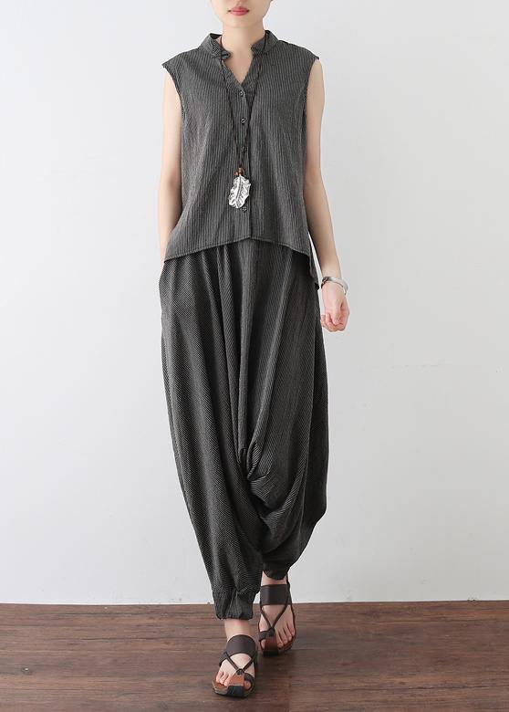 2025 gray casual cotton linen two pieces sleeveless tops and casual pants