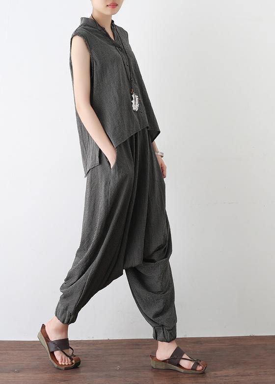 2025 gray casual cotton linen two pieces sleeveless tops and casual pants