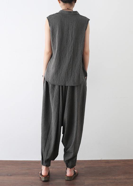 2025 gray casual cotton linen two pieces sleeveless tops and casual pants