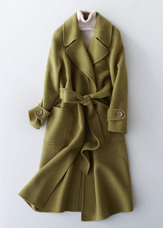 2025 green Wool jackets plus size long winter coat lapel collar women coats tie waist