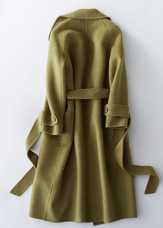 2025 green Wool jackets plus size long winter coat lapel collar women coats tie waist