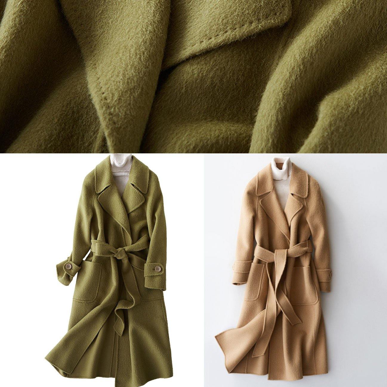 2025 green Wool jackets plus size long winter coat lapel collar women coats tie waist