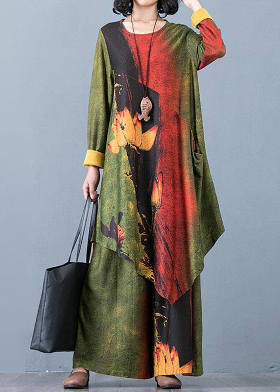 2025 Large Size Women's Chiffon Irregular Long Section Top Loose Wide Leg Pants Green Printed Two-piece Suit