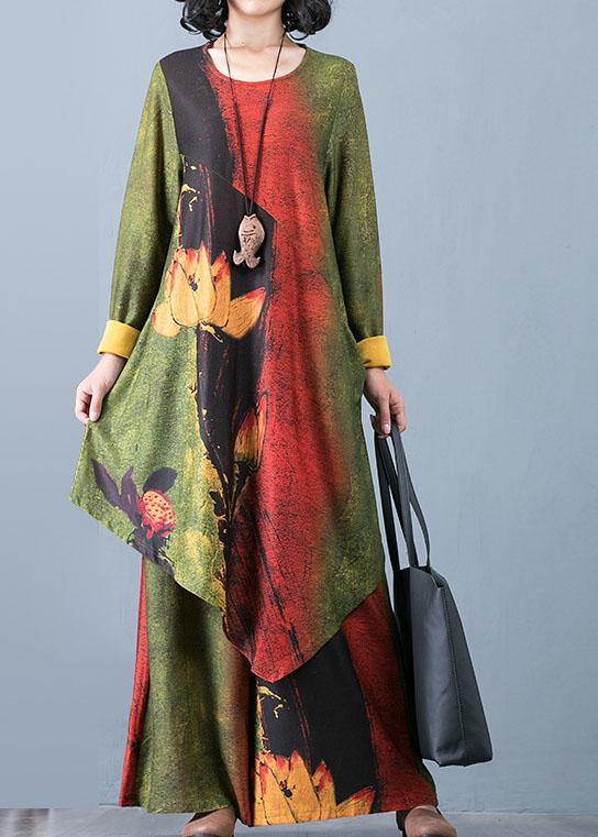 2025 Large Size Women's Chiffon Irregular Long Section Top Loose Wide Leg Pants Green Printed Two-piece Suit