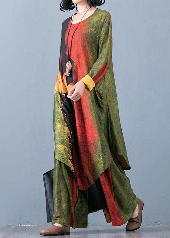 2025 Large Size Women's Chiffon Irregular Long Section Top Loose Wide Leg Pants Green Printed Two-piece Suit