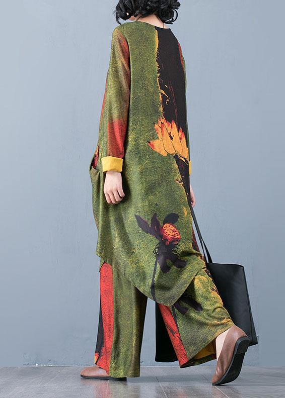 2025 Large Size Women's Chiffon Irregular Long Section Top Loose Wide Leg Pants Green Printed Two-piece Suit