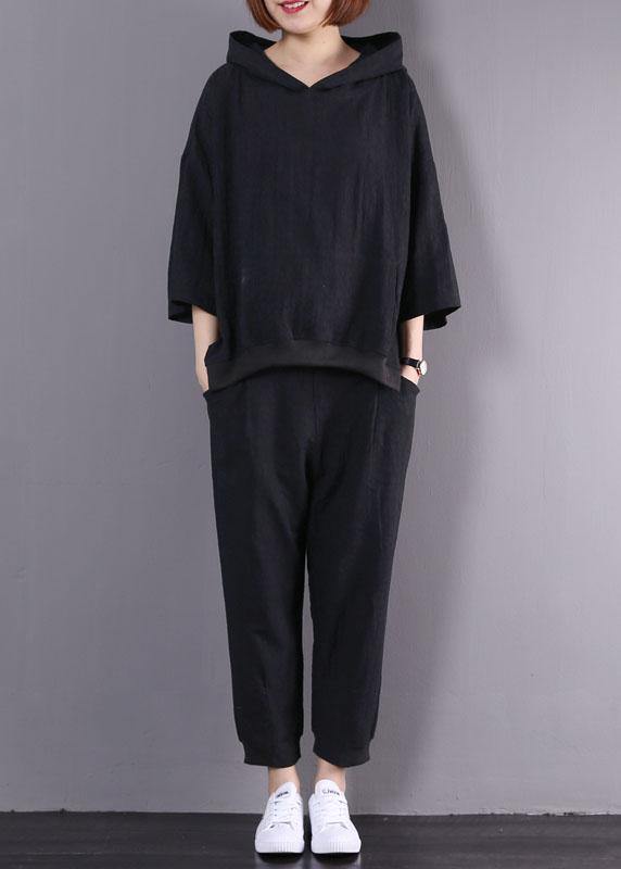 2025 new black cotton linen two pieces hooded pullover and elastic waist pants