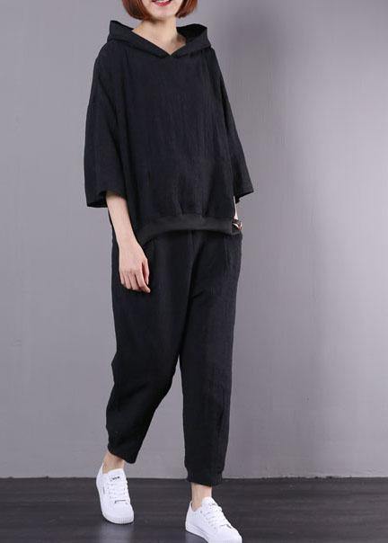 2025 new black cotton linen two pieces hooded pullover and elastic waist pants