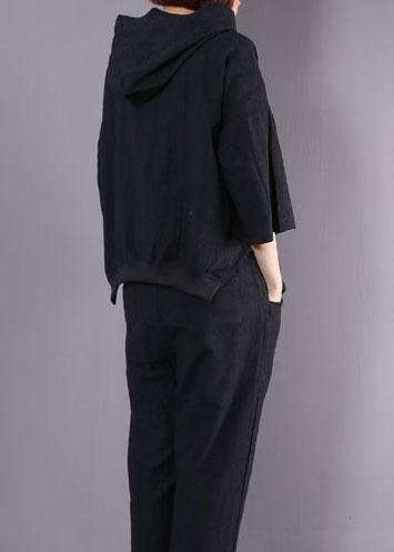 2025 new black cotton linen two pieces hooded pullover and elastic waist pants