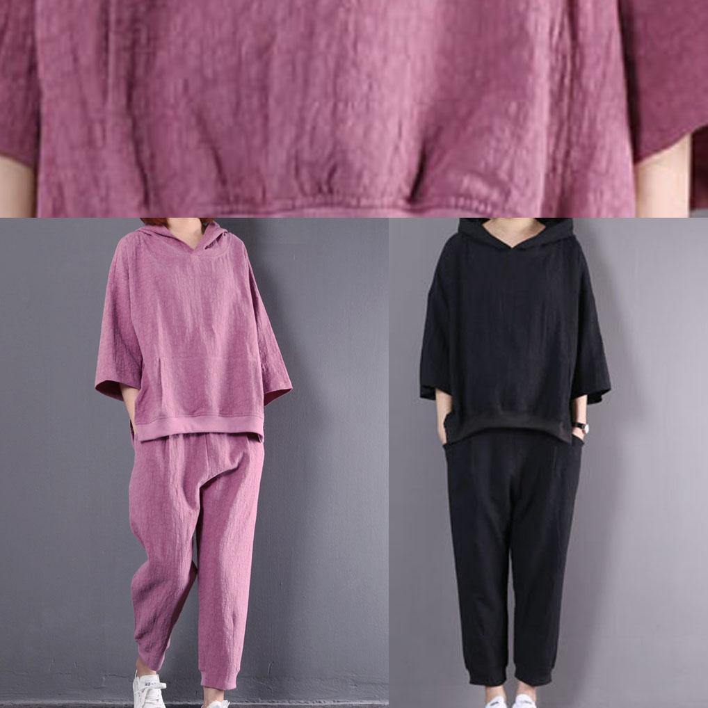 2025 new black cotton linen two pieces hooded pullover and elastic waist pants