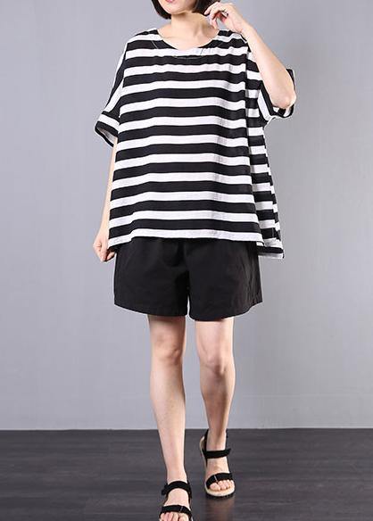 2025 new cotton blended black striped short sleeve pullover with elastic waist short two pieces