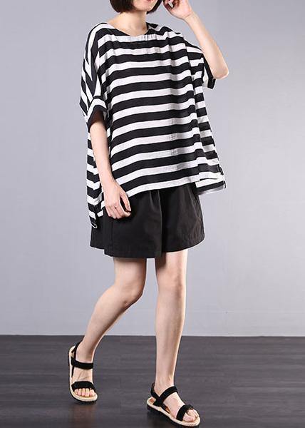 2025 new cotton blended black striped short sleeve pullover with elastic waist short two pieces