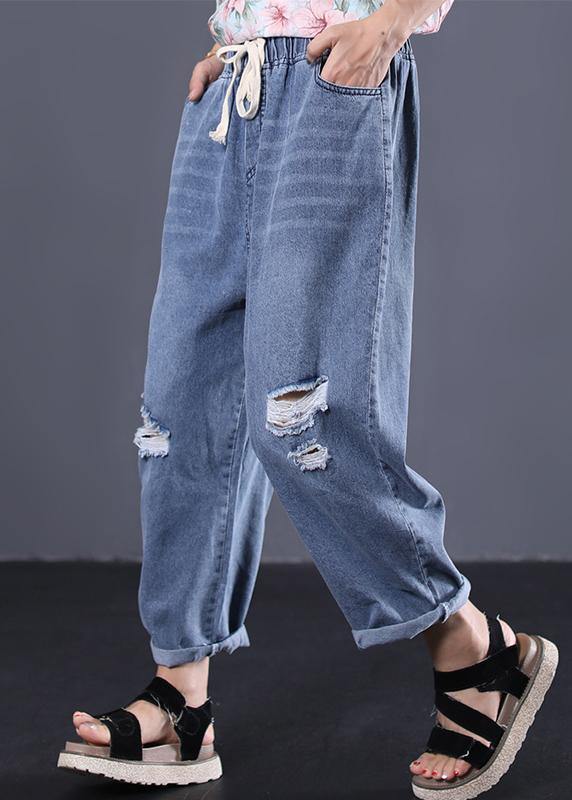 2025 new denim blue plus size pants elastic waist drawstring ripped Jeans