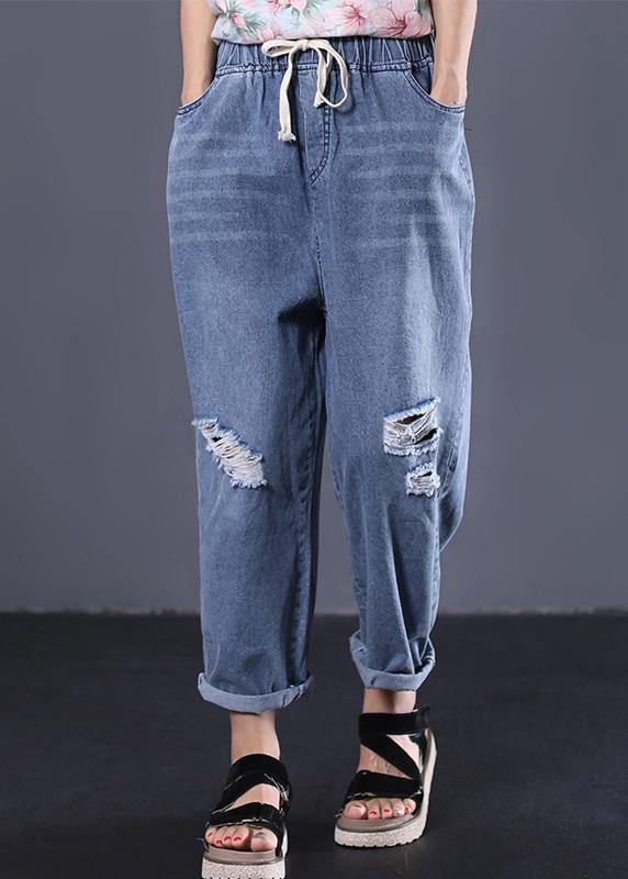 2025 new denim blue plus size pants elastic waist drawstring ripped Jeans