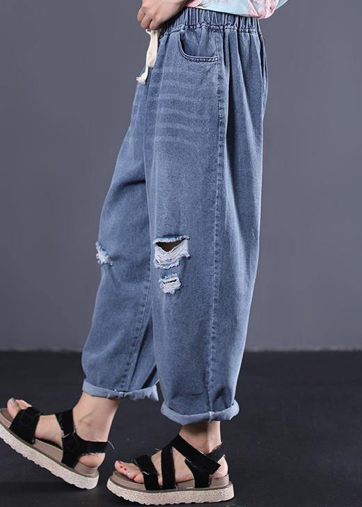 2025 new denim blue plus size pants elastic waist drawstring ripped Jeans