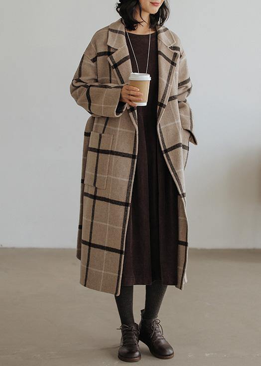 2025 plaid wool coat plus size Notched pockets long woolen outwear