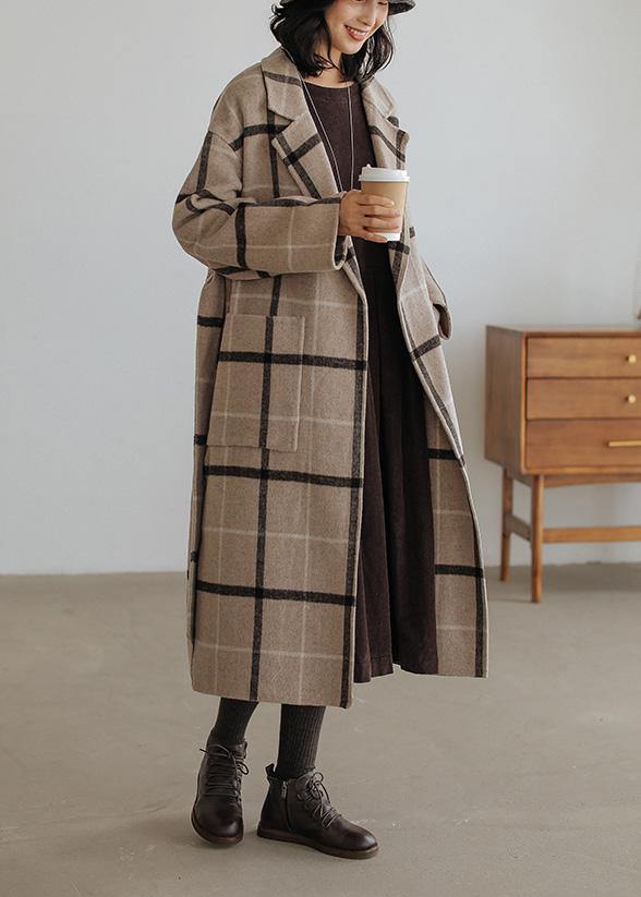 2025 plaid wool coat plus size Notched pockets long woolen outwear