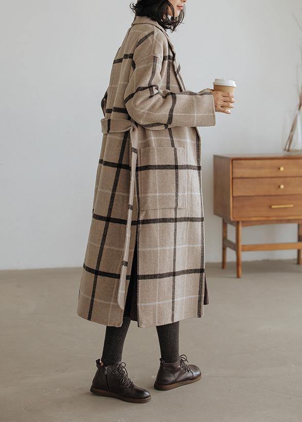 2025 plaid wool coat plus size Notched pockets long woolen outwear