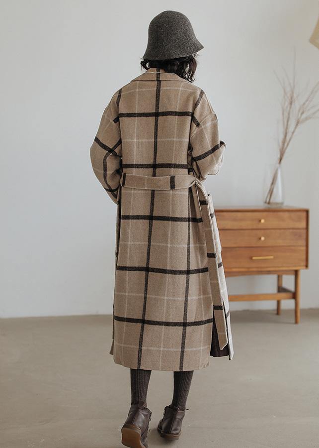 2025 plaid wool coat plus size Notched pockets long woolen outwear