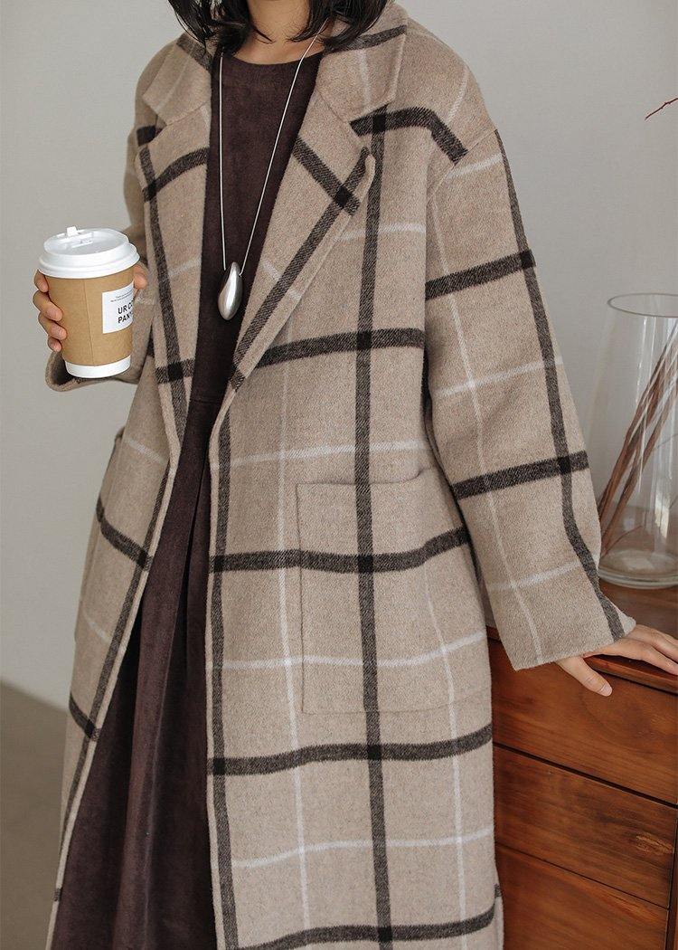 2025 plaid wool coat plus size Notched pockets long woolen outwear