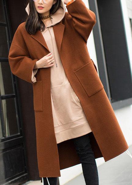 2025 plus size medium length coat Notched coat brown tie waist side open Woolen Coat Women