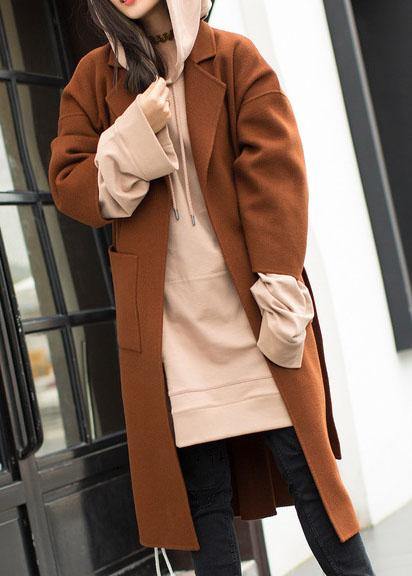 2025 plus size medium length coat Notched coat brown tie waist side open Woolen Coat Women